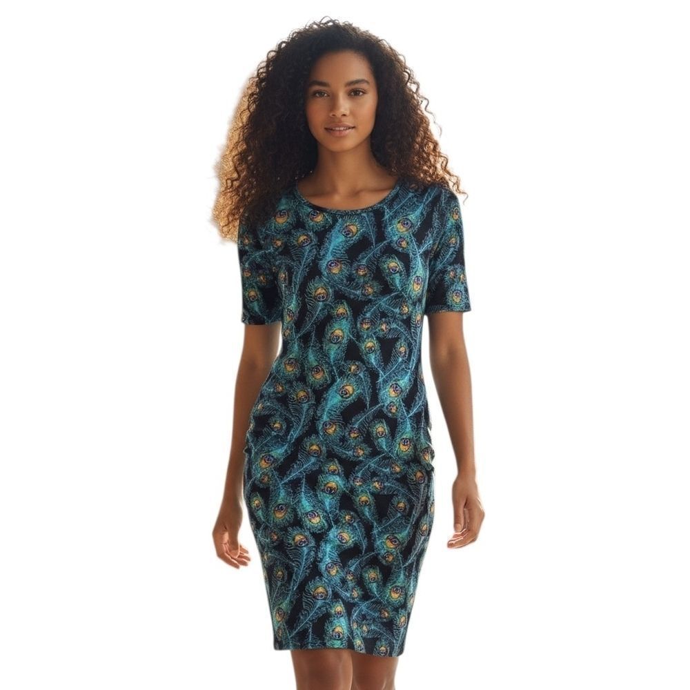 LuLaRoe Julia Peacock Feather Midi Dress Black Bodycon Boho HTF Print XS